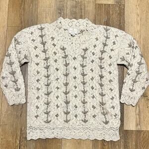 VTG Express Tricot Hand Knit Floral Sweater M Cream Angora Wool Grandma Cottage